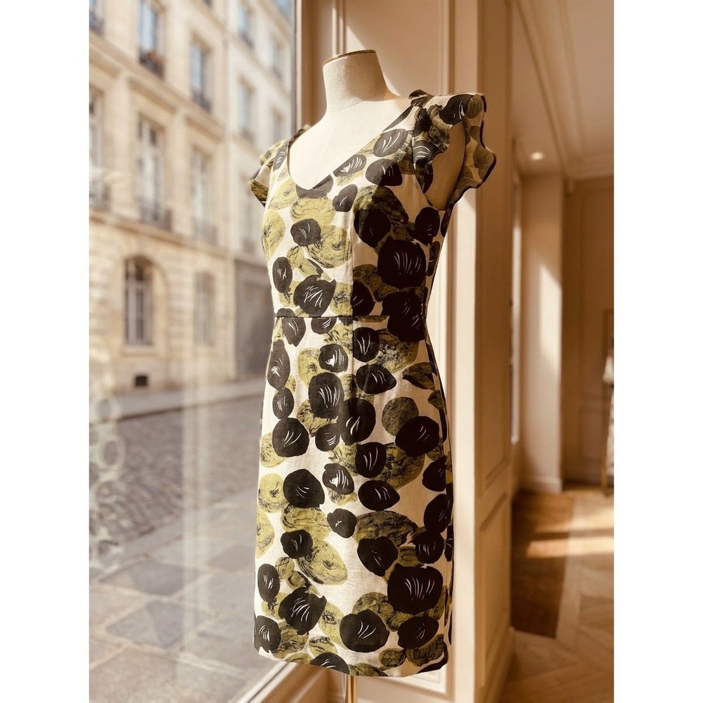 leifsdottir Green and Black Floral Print Cap-Sleeve Dress